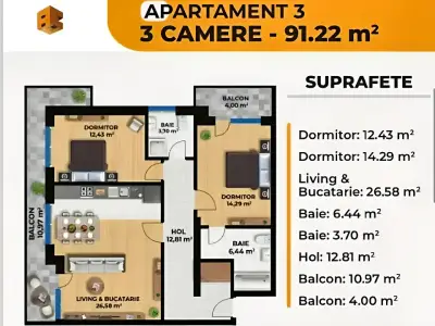 Plan apartament trei dormitoare vanzare in Craiova Dolj