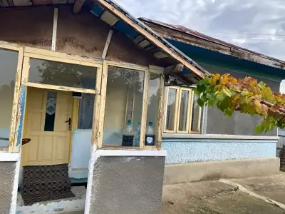 Intrare casa de vanzare cu usa galbena in Faurei Calarasi