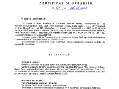 Certificat de urbanism teren vanzare cumparare Cernica Ilfov